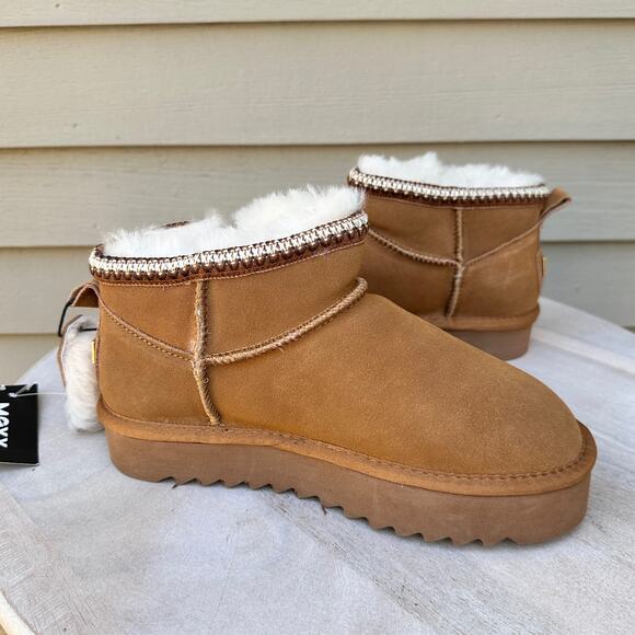 Mexx Womens Size 7.5 US Suede Shearling Boot Chestnut Fur Lined Ankle Platform - Picture 5 of 10
